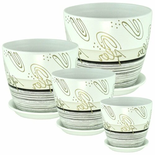 Набор керамических горшков для цветов с поддонами из 4-х штук Роспись бутон полоски флер (PC-135) серый белый 1л+2л+3,8л+5,4л + Дренаж 1л