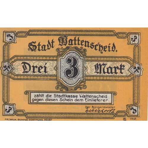 Германия (Веймарская Республика) Ваттеншайд 3 марки 1921 г. германия веймарская республика арнсберг 2 марки 1921 г