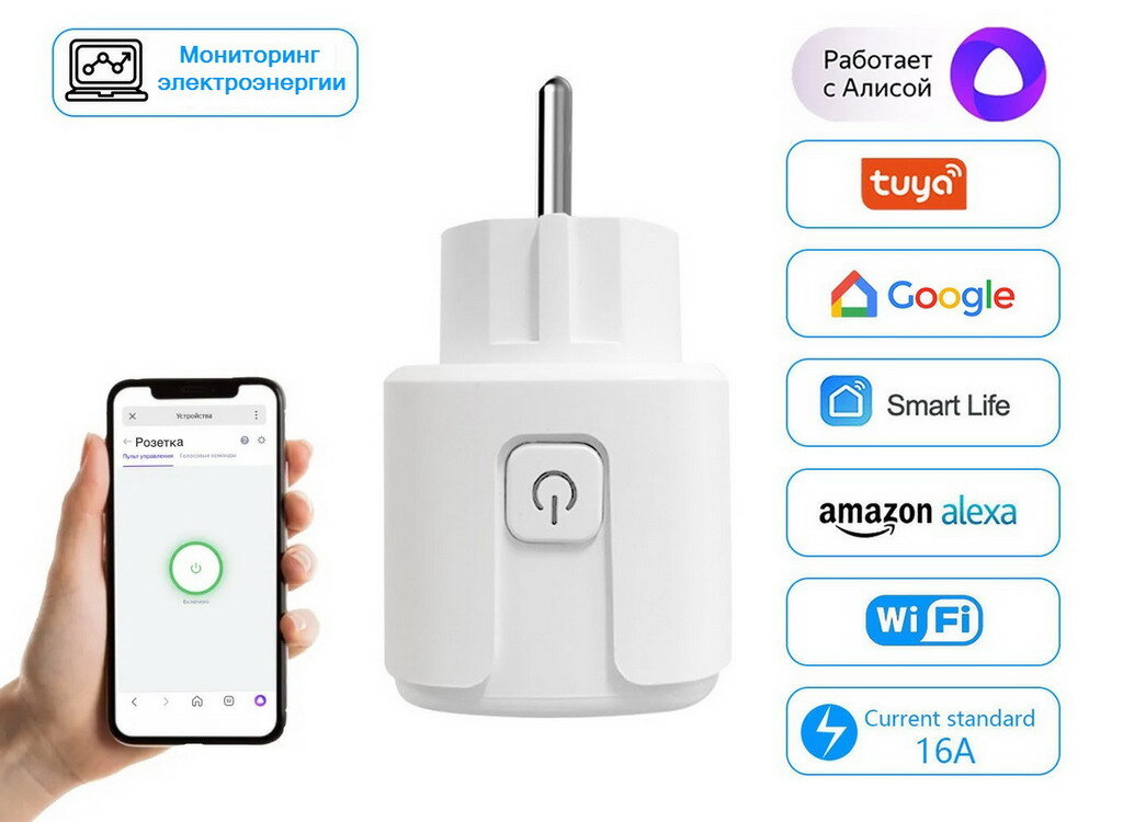 фото Умная розетка Tuya WiFi 16А (управление Яндекс Алиса) с таймером и счетчиком потребления