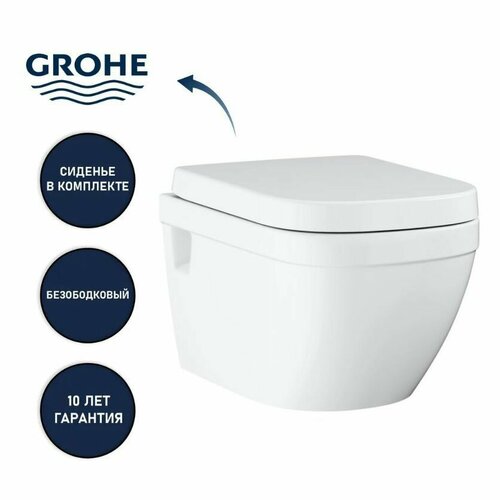 фото Унитаз подвесной grohe euro ceramic комплект 2 в 1: безободковая чаша, сиденье микролифт, фарфор, гарантия 10 лет