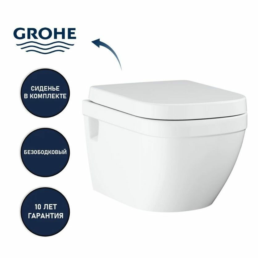 Унитаз подвесной Grohe Euro Ceramic комплект 2 в 1: безободковая чаша, сиденье микролифт, фарфор, гарантия 10 лет