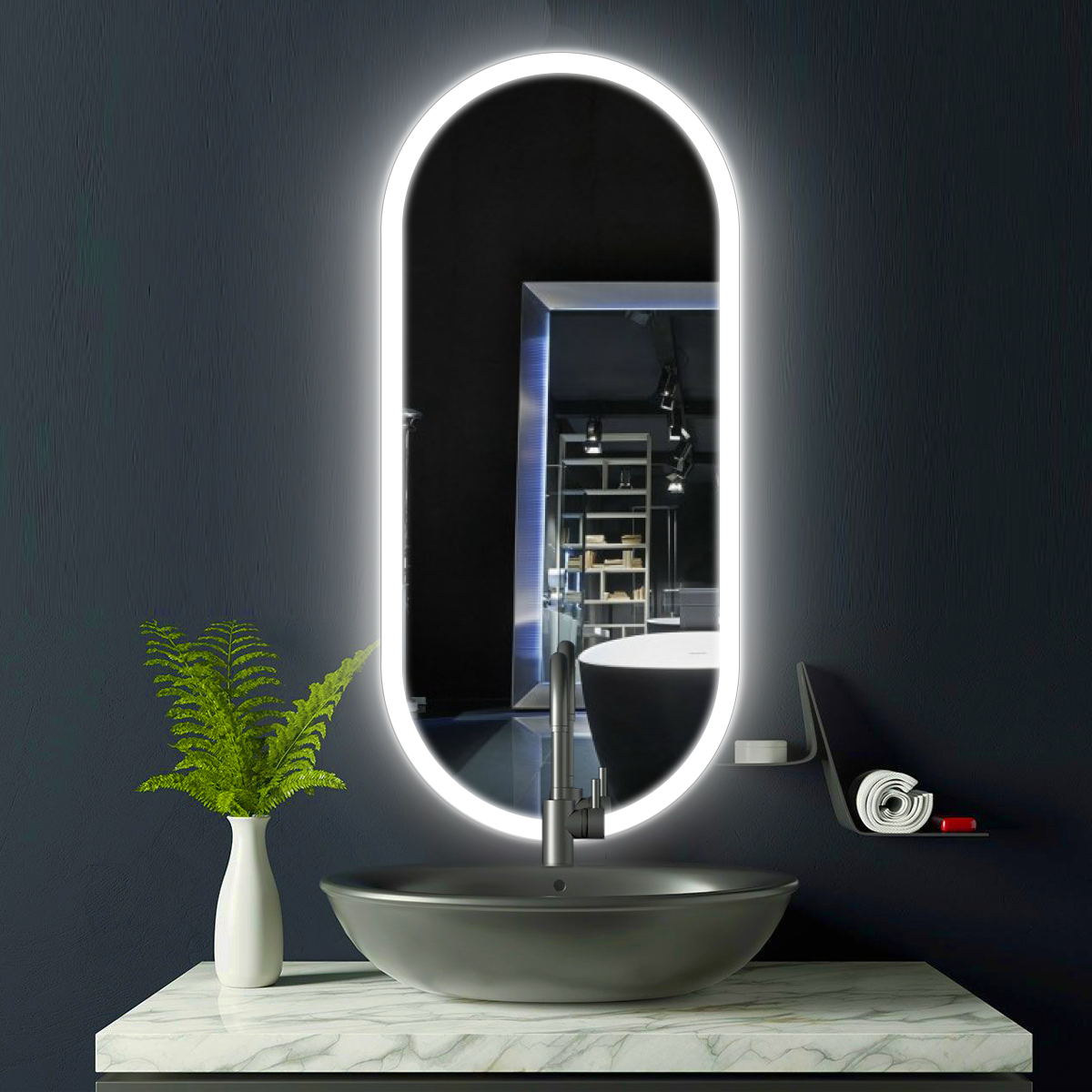 Зеркало для ванной Maskota Elen с нейтральной фронтальной подсветкой, сенсор, диммер, подогрев, IP44, 70х35 см - фотография № 8
