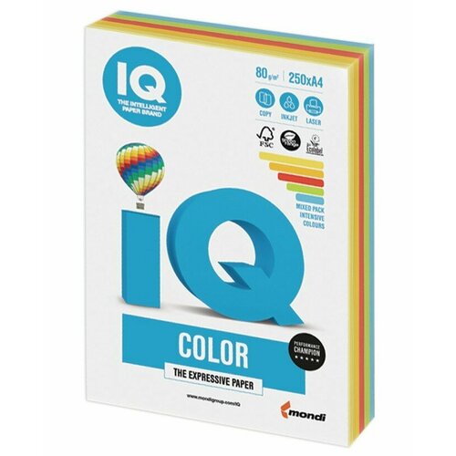 Бумага цветная А4 250л. IQ COLOR 80г, 5 цветов, интенсив, RB02