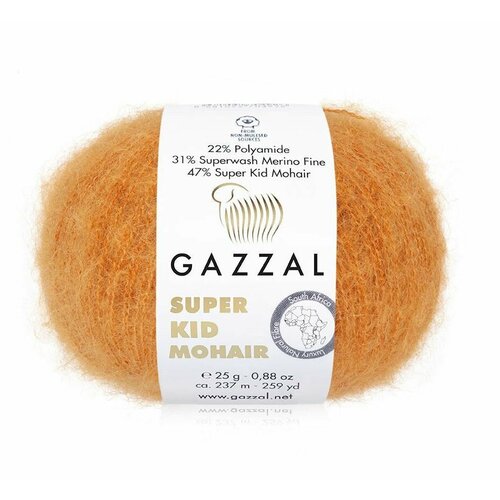 Пряжа SUPER KID MOHAIR (Gazzal), т. оранжевый - 64419, 47% супер кидмохер, 31% тонк. мериносовая шерсть супервош, 22% полиамид, 6 мотков, 25 г, 237 м.