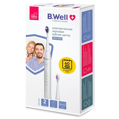 Электрическая зубная щетка BWell PRO-850 звуковая премиальная щетина DuPont средней жесткости 5 режимов 60 дней без подзарядки 2 насадки черная