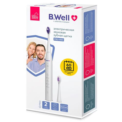 Электрическая зубная щетка B.Well PRO-850, звуковая, премиальная щетина DuPont средней жесткости, 5 режимов, 60 дней без подзарядки, 2 насадки, черная — фото 16