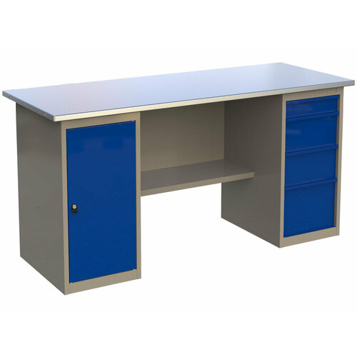 Стол верстак слесарный металлический с 2 тумбами с дверью и с 4 ящиками, 1800 мм, MasterLine, Wellmet ML 1800 ML0/ML4