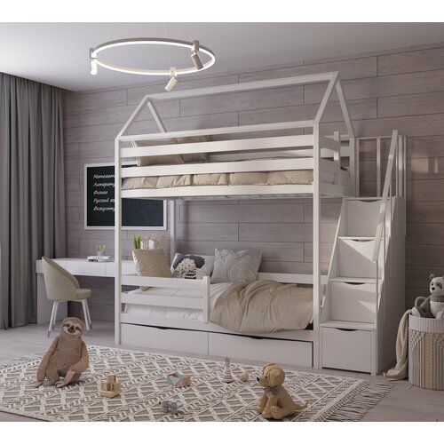 Двухъярусная кровать-домик Detskaya Online 160*80 с ящиками и лестницей-комодом