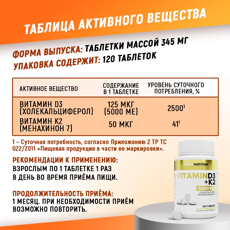 Картинки Витаминный комплекс Д3 5000 МЕ + К2 aTech nutrition 120 таблеток