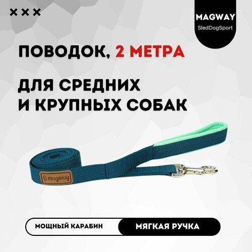 Поводок с мягкой ручкой MagWay, для собак крупных и средних пород, длина 2 метра, ширина 25мм, цвет морская волна