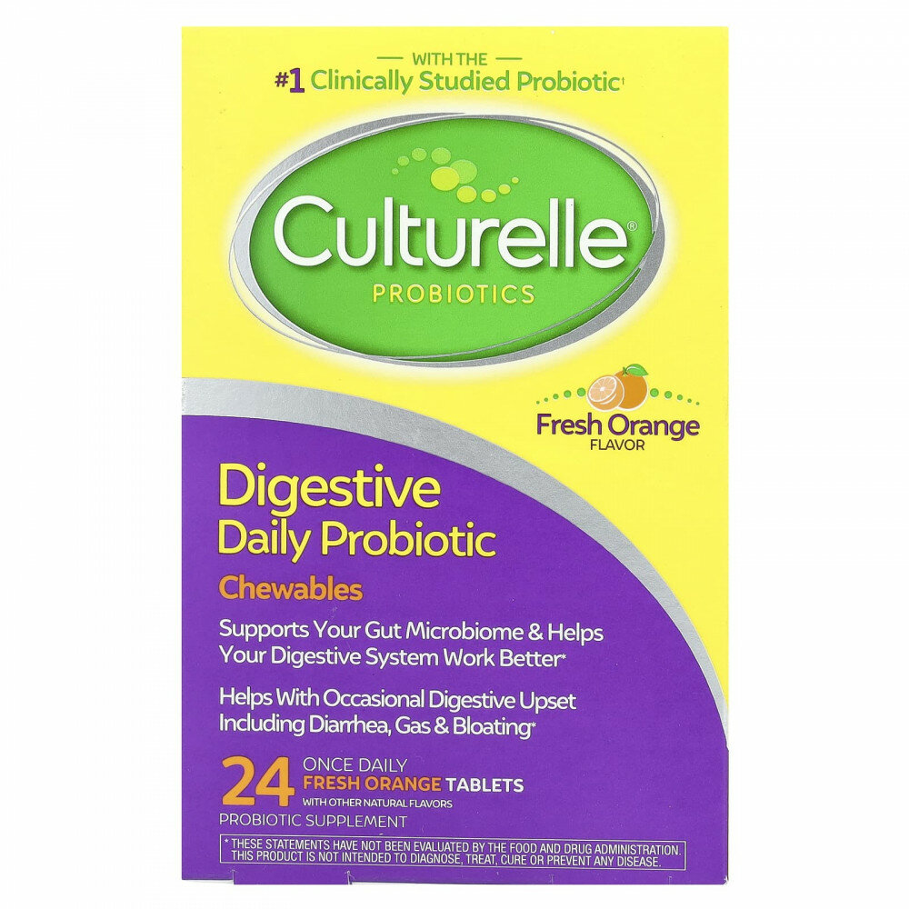 Culturelle, Ежедневные жевательные пробиотики для пищеварения, со вкусом апельсина, 24 таблетки для приема один раз в день (53 мг в каждой таблетке)