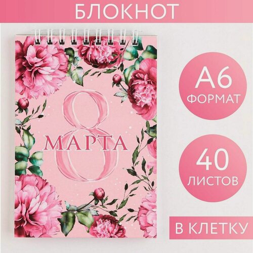 Изображение товара Блокнот «8 Марта» на гребне, А6, 40 листов в клетку, мягкая обложка, плотность бумаги 65 р
