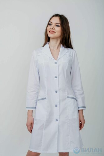 Изображение товара Халат медицинский женский Вилан на пуговицах с длинным рукавом, цвет белый, отделка серая