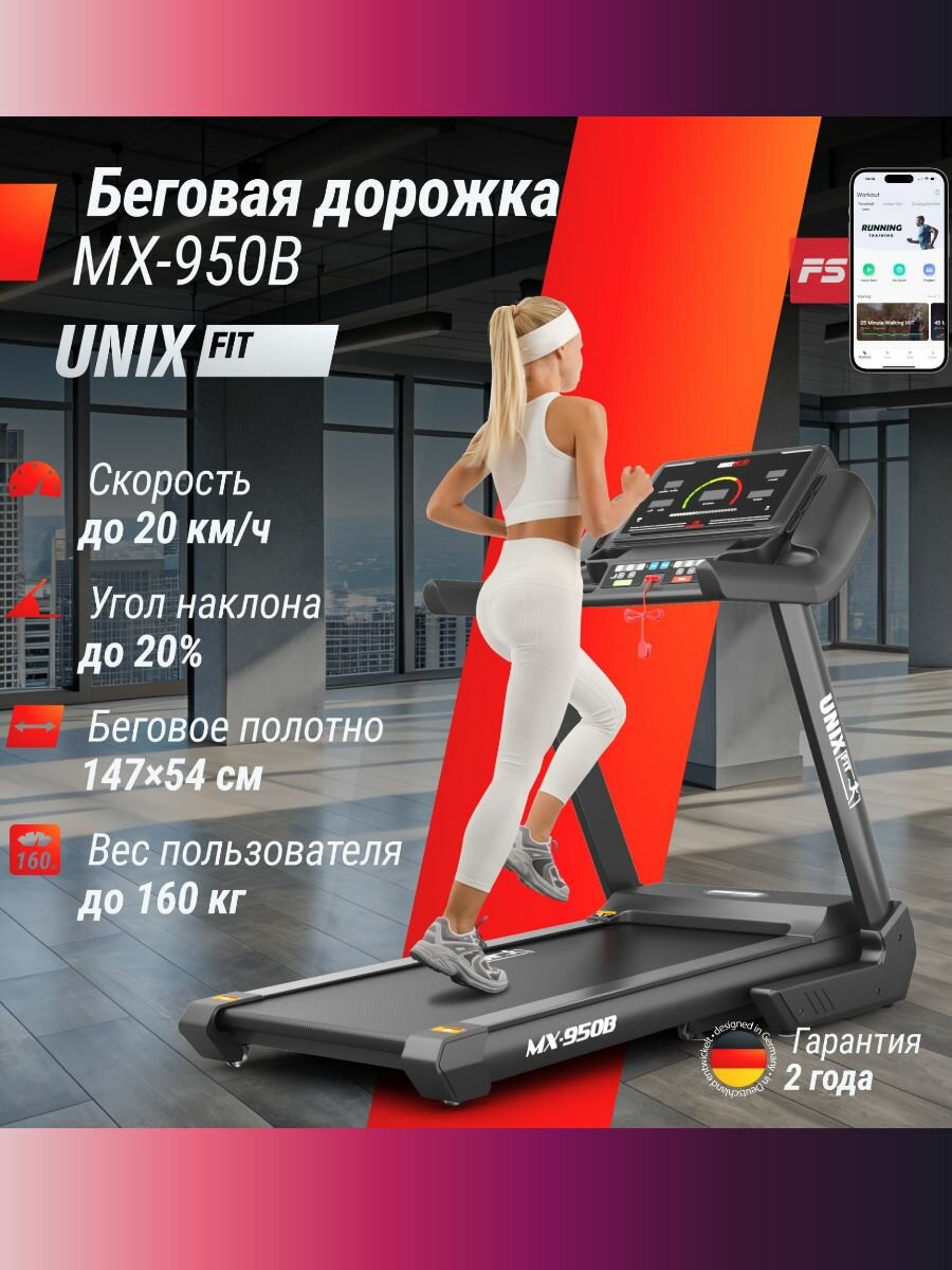 Беговая дорожка UNIX Fit MX-950B, складная, электрическая, до 160кг, 15 программ, черная