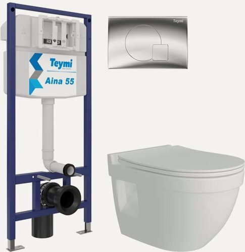 Изображение товара Комплект 3 в 1 Унитаз подвесной Teymi Vitra Pro T40806 / Инсталляция Aina 1220067 / Кнопка Ellie T70022CH цвет хром глянец