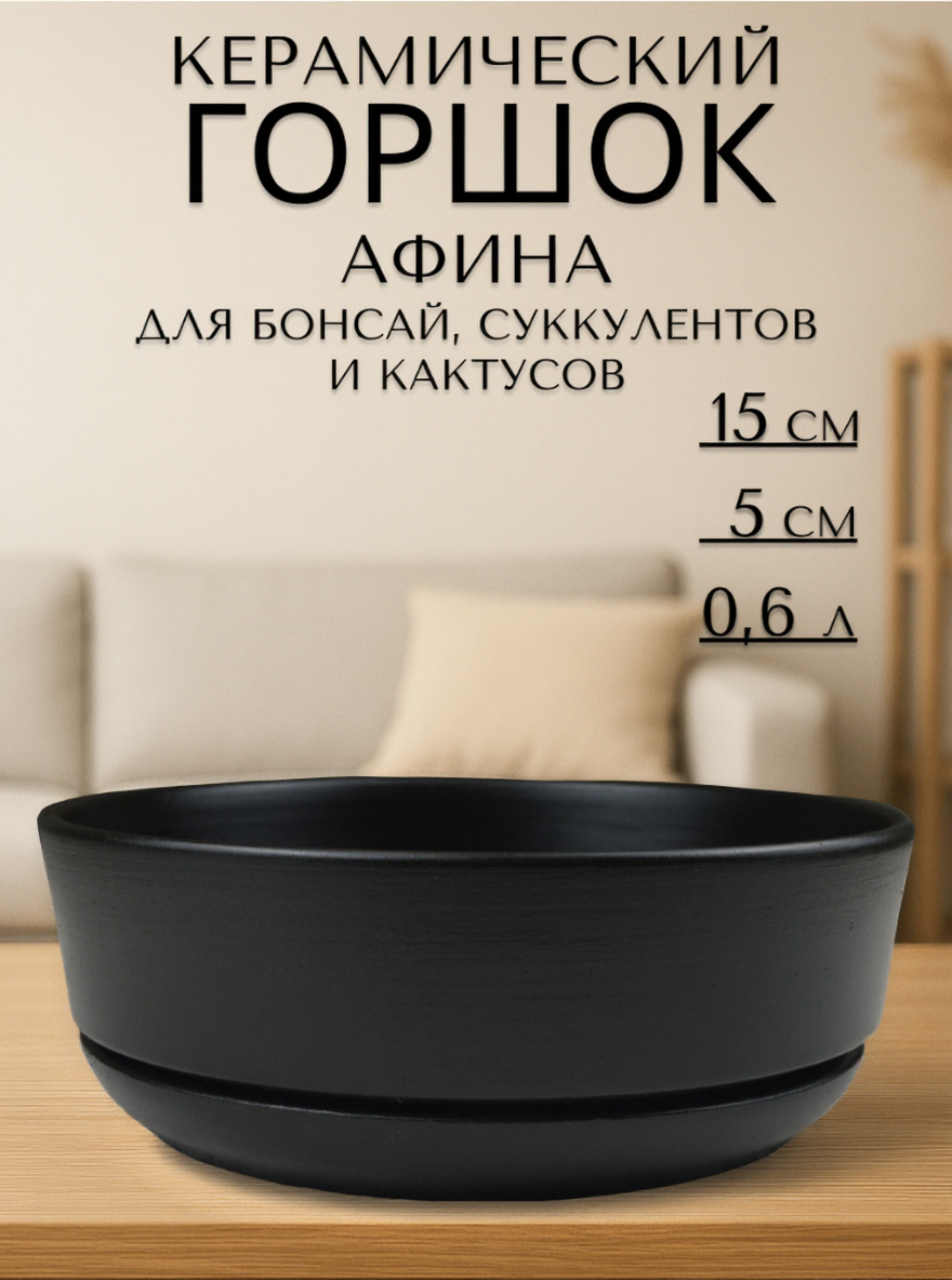 Керамический горшок "Бонсай - Афина" для бонсай, кактусов и суккулентов, диаметр 15 см, высота 5 см, черный