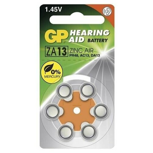 Элемент питания (батарейка) GP ZA13 (PR48, AC13, DA13) BL6 ast 60 pcs hearing aid batteries a10 10a 10 pr70 free shipping zinc air hearing aid battery brand