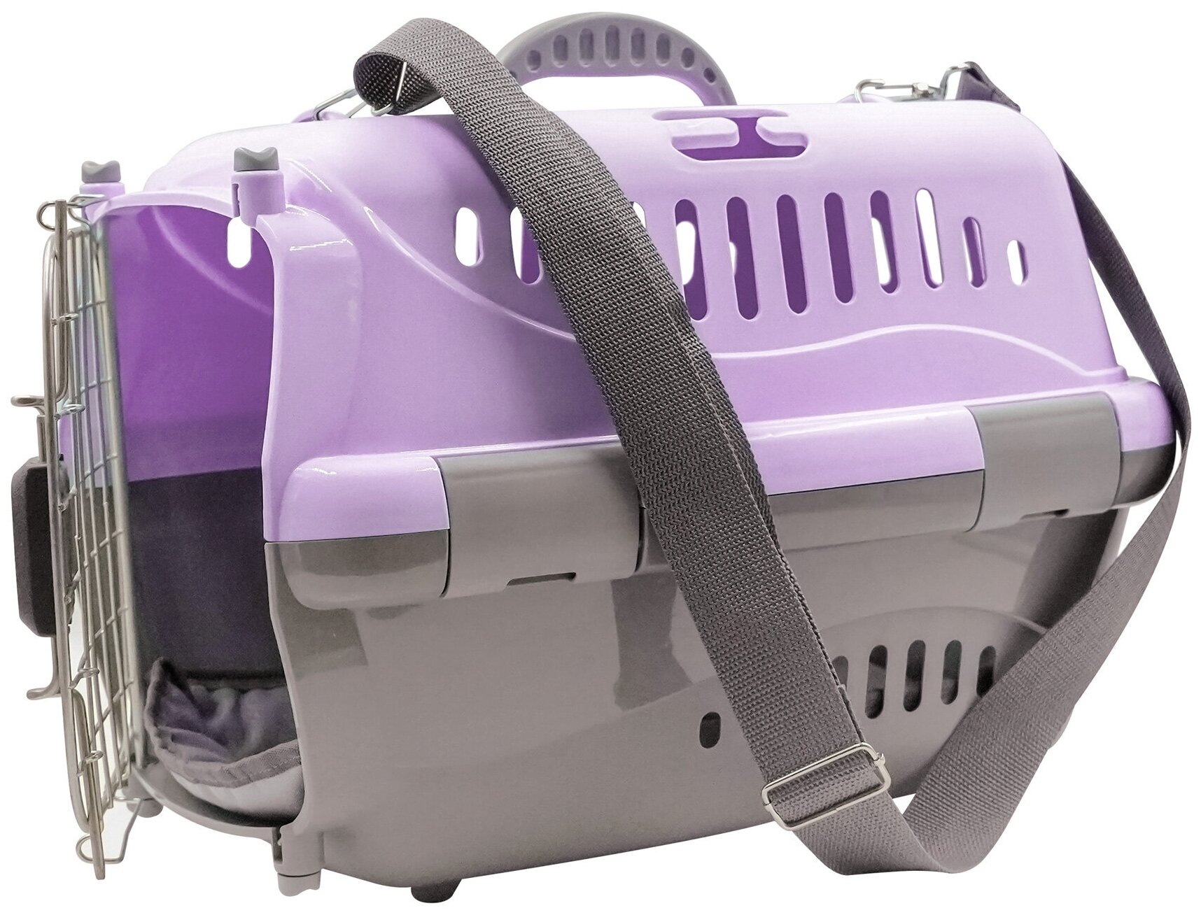 ZOOEXPRESS переноска для животных "Турне" L авиа с металлической дверцей (коврик + ремень) фиолетовая