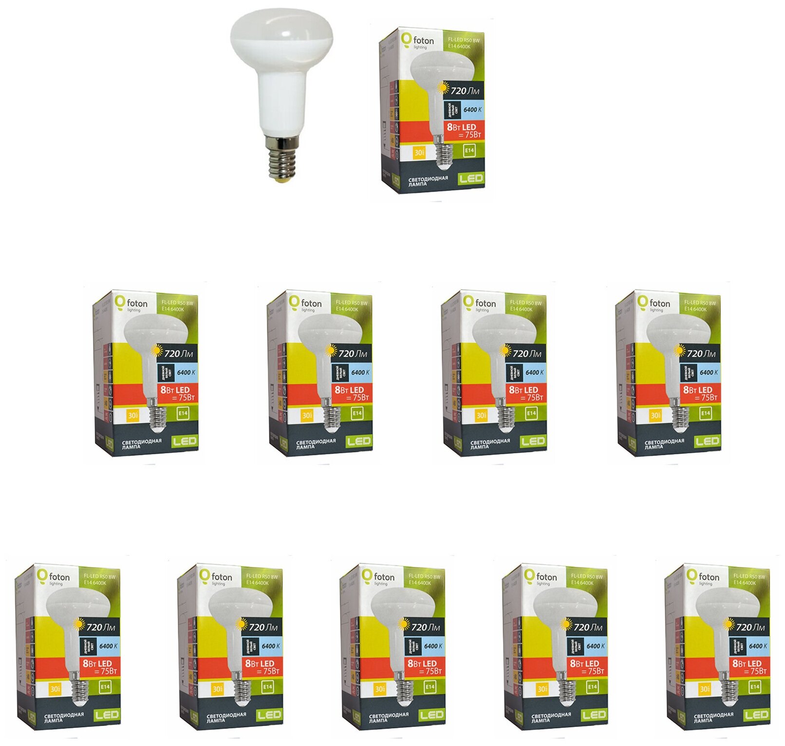 Лампочка светодиодная Foton Lighting Рефлектор Гриб R50 E14 8Вт 220В 720Лм 6400К Холодный белый упаковка 10шт