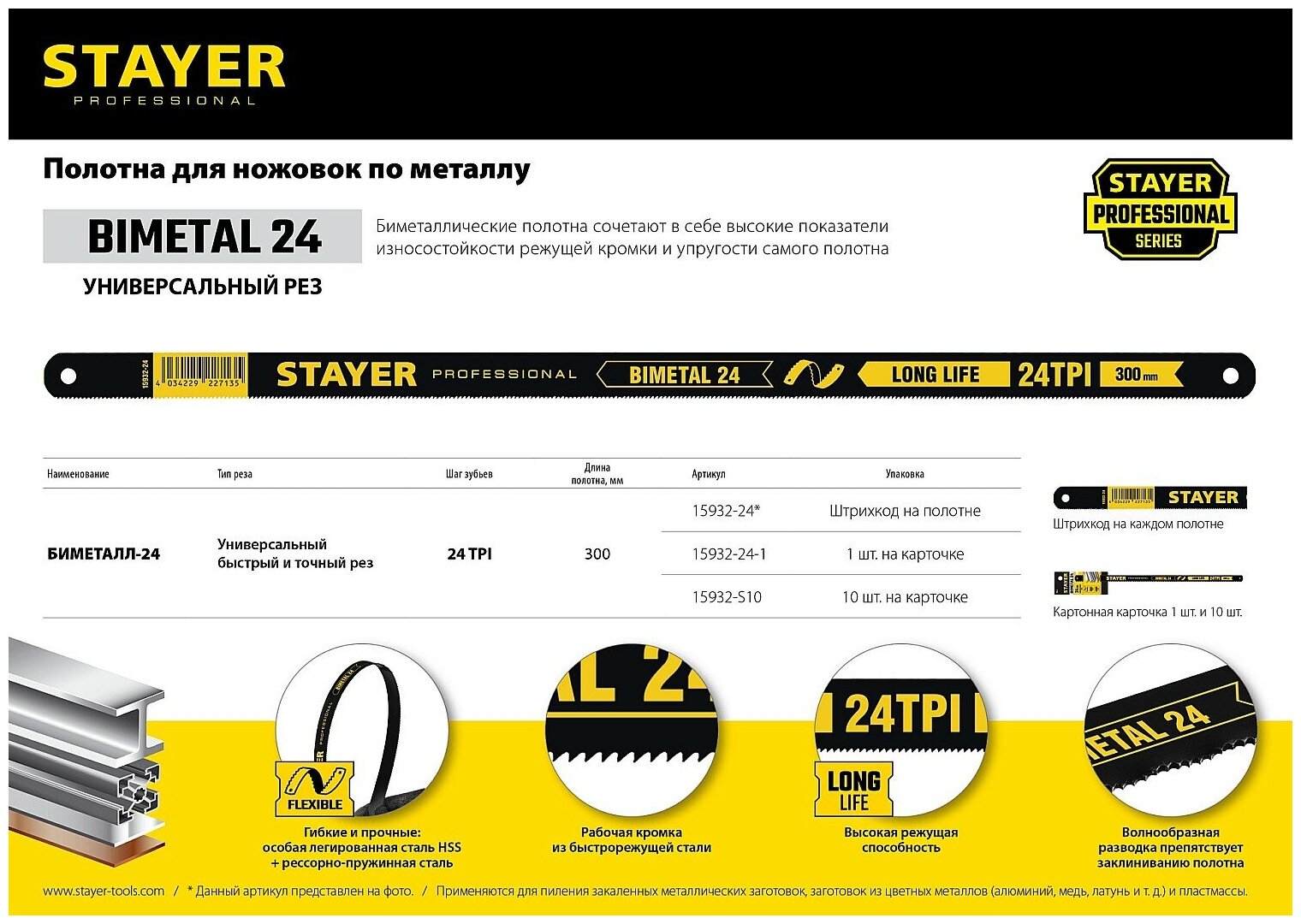 STAYER Bimetal-24,24 TPI, 300 мм, 1 шт, Биметаллическое полотно по металлу (15932-24) - фотография № 5