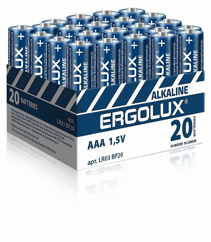 Ergolux Alkaline BP20 LR03 (промо, LR03 BP20, мизинчиковая батарейка ААА 1.5В) (упак. 20 шт.), цена за 1 упак.