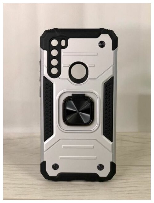 Противоударный чехол для Xiaomi Redmi Note 8 серебро с пластиной для магнитного автодержателя и кольцом подставкой — фото 1