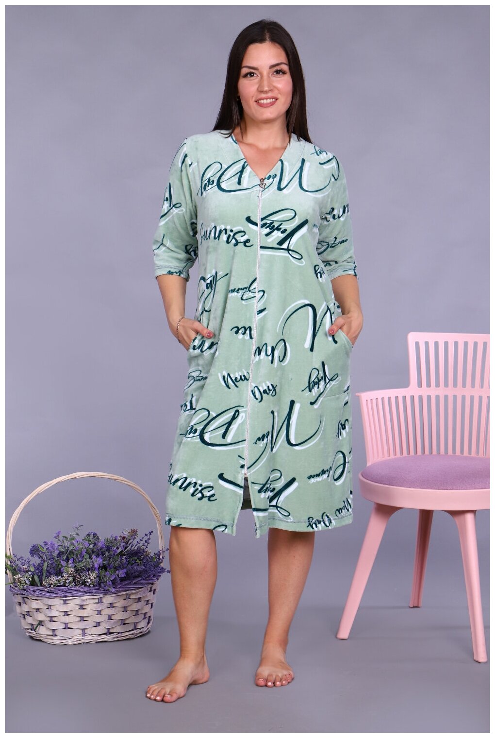 Халат Натали средней длины, укороченный рукав, карманы, размер 48, голубой - фотография № 10