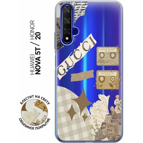 Силиконовый чехол на Honor 20, Huawei Nova 5T, Хонор 20, Хуавей Нова 5Т с 3D принтом GUCCI Stickers прозрачный матовый чехол space stickers для honor 20 huawei nova 5t хонор 20 хуавей нова 5т с 3d эффектом черный