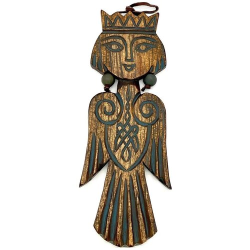 Кезер Интерьерное панно «Оберег дома „Сирин“ Малый», 23 см., (кедр, кожа, ручная работа)