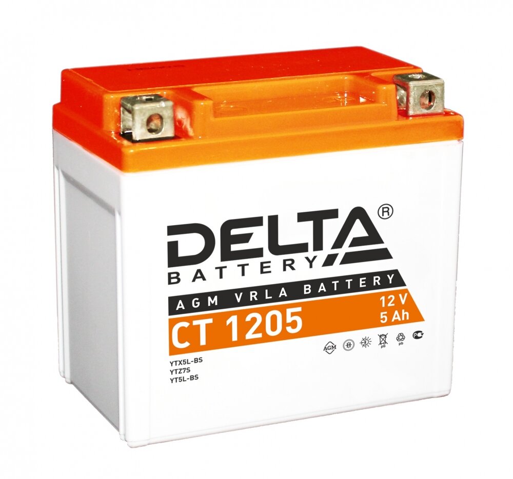 Аккумулятор для мотоцикла и скутера Delta CT1205 12V 5 А/ч 80 А обр. пол. залит/заряжен YTX5L-BS, YT5L-BS (114х69х109) AGM VRLA