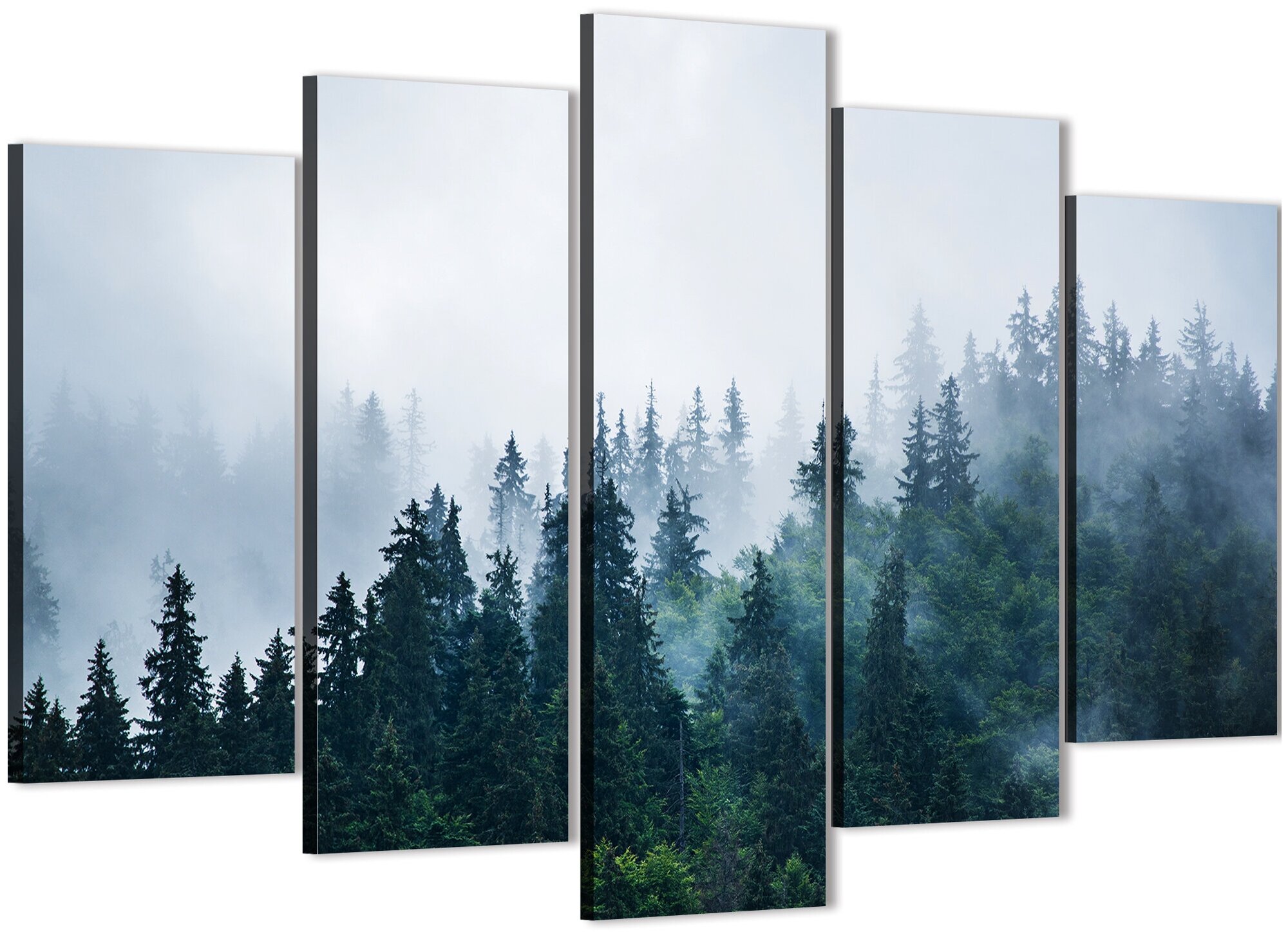 Модульная картина для интерьера на натуральном холсте на стену "Сосновый лес в тумане" 80х140см md0102