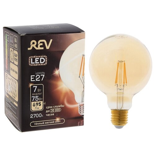 Лампа светодиодная REV LED FILAMENT VINTAGE, G95, E27, 7 Вт, 2700 K, шар, теплый свет