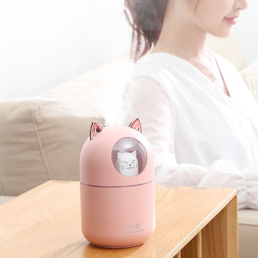 Увлажнитель воздуха мини Котик с подсветкой, ультразвуковой увлажнитель для дома, ночник светильник, розовый - фотография № 3