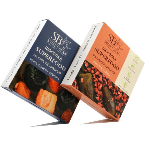 фото Набор изделий из шоколада на сиропе цикория "чернослив и клубника" + "финик и малина" sweet bean superfood, продукт полезного питания, шоколад без сахара