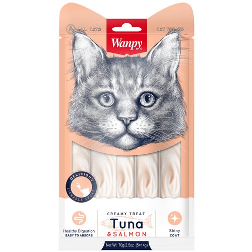 Wanpy Cat Лакомство для кошек нежное пюре из тунца и лосося 70 г (5 шт.)