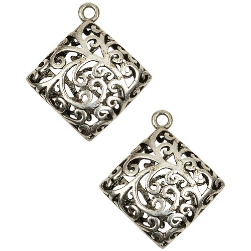 фото Набор подвесок, филигранные, длина - 27 мм, ширина - 24 мм, толщина - 9 мм, диаметр отверстия - 2 мм, материал: латунь с покрытием "старинное серебро", 2 шт. kaboshon