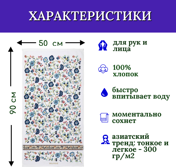 Полотенце для ванной махровое, для лица и рук, велюровое BOLANGDE, 100% хлопок, рисунок цветы, Япония Васильки 50х90, белый/синий/розовый 1 шт - фотография № 2