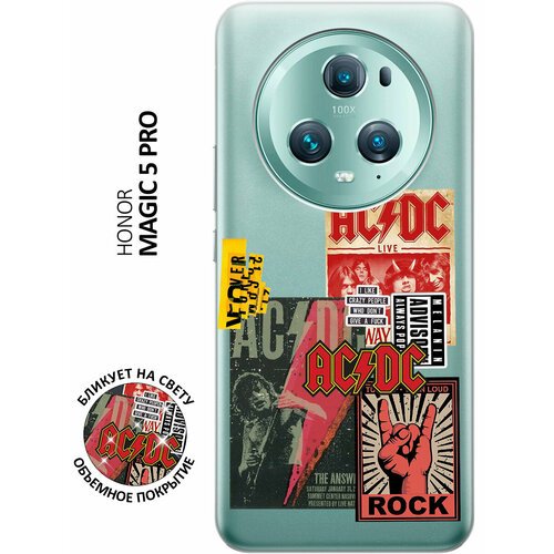 Силиконовый чехол с принтом AC/DC Stickers для Honor Magic5 pro / Хонор Мэджик 5 Про силиконовый чехол на honor magic5 pro хонор мэджик 5 про с эффектом блеска поцелуи