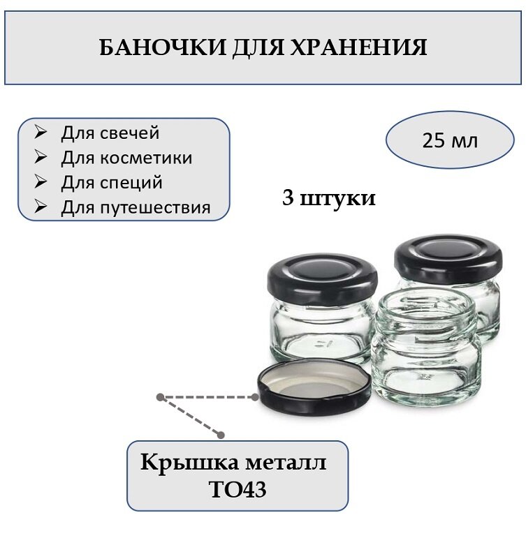 Банка 25 мл стеклянная круглая с крышкой. Набор 3 штуки.