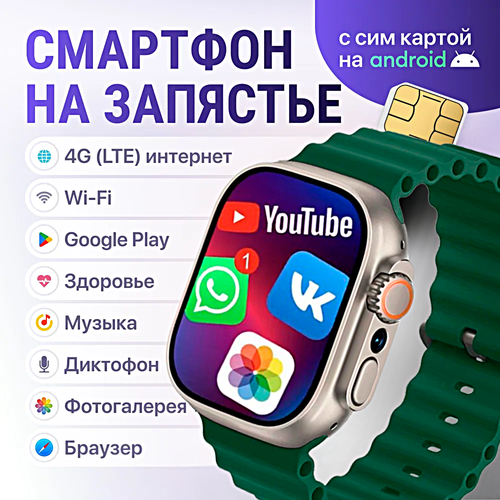 Смарт часы HK ULTRA ONE Умные часы PREMIUM Smart Watch AMOLED 4G, Wi-Fi, iOS, Android, Галерея, Игры, Браузер, Камера, Звонки, Темно-зеленый темный, зеленый