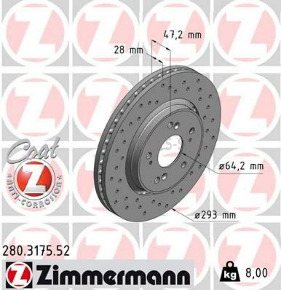 ZIMMERMANN 280317552 280.3175.52_диск тормозной ! Sport перед. 293x28/47-5x114 \ Honda CR-V 2.0/2.2CTDi/DTEC/2.4VTEC 07>