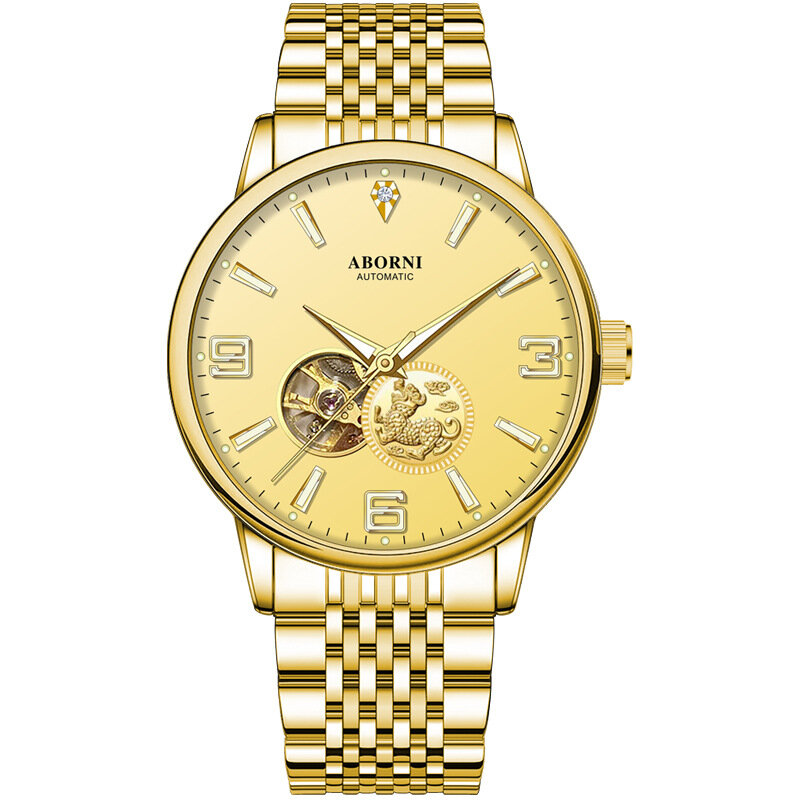 фото Часы ABORNI YBN8835, мужские, механические, стальные, с полым циферблатом, полностью золотого цвета