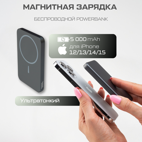 Ультратонкий магнитный повербанк для iPhone с быстрой беспроводной зарядкой 5000 mAh MagSafe Powerbank внешний аккумулятор 2900₽