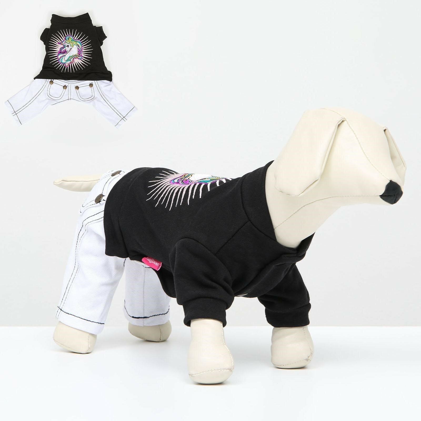 Комбинезон "Единорог", размер 16 (ДС 36 см, ОГ 46 см, ОШ 35 см), чёрно-белый