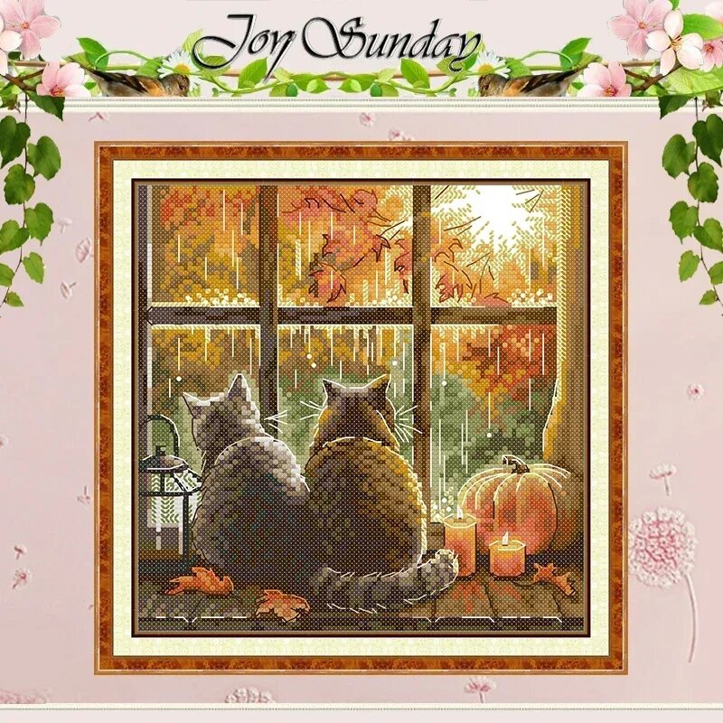 Набор для вышивки крестом Joy Sunday "Кошки на подоконнике", 16CT blank canvas