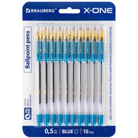 Ручки шариковые Brauberg с грипом "X-ONE", набор 10 штук, синие, корпус прозрачный, узел 0,5 мм, линия письма 0,35 мм, 143990