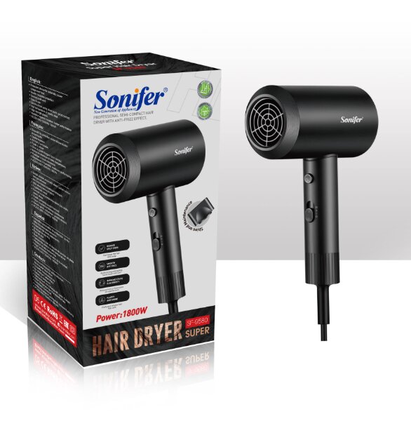 Фен для волос Sonifer SF-9580, мощность 1800Вт, 3 температурных режима, черный — фото 1