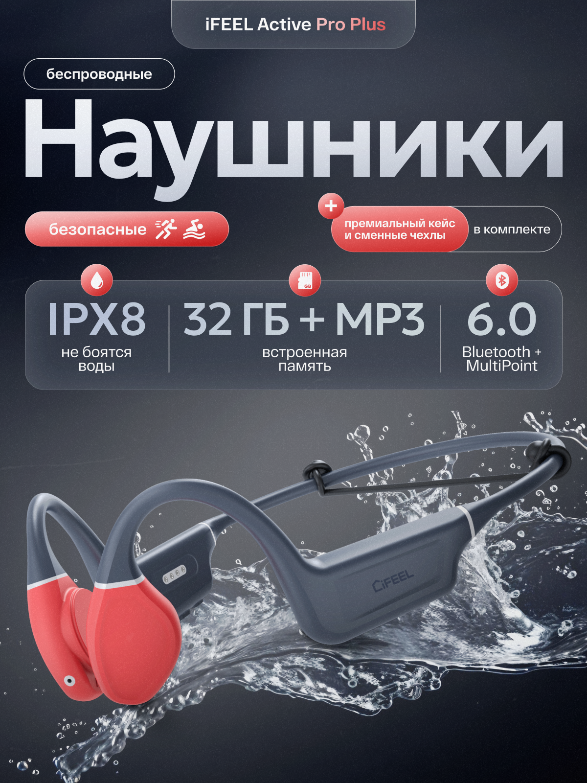 Беспроводные Bluetooth наушники для спорта (плавание, бег, фитнес, вело) iFEEL Active Pro Plus с костной проводимостью, микрофоном и MP3