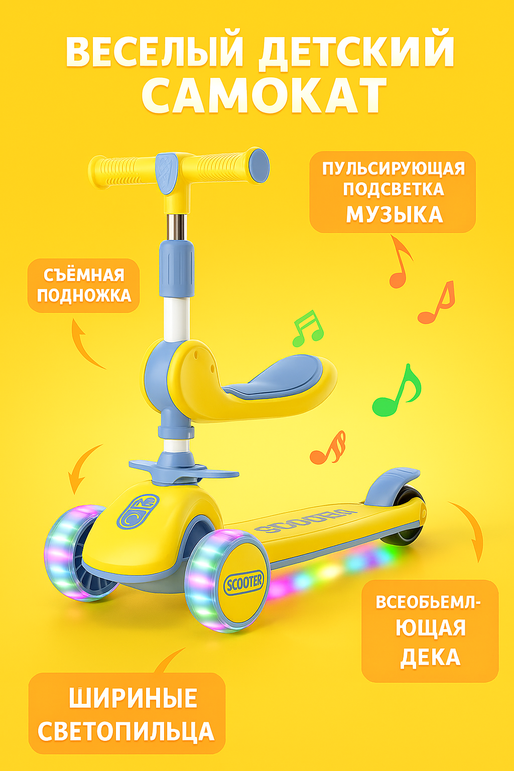 Самокат с горящими колесами, для мальчиков и девочек, детский самокат с сиденьем для детей от 2 до 8 лет — фото 1