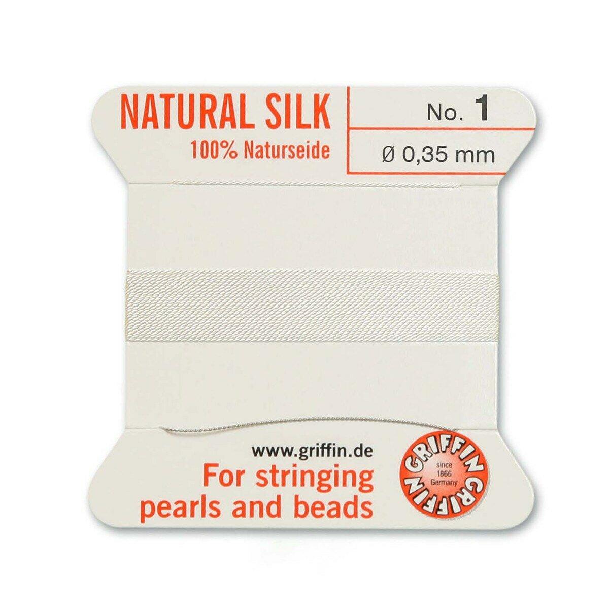 Нить шелковая, Griffin No.1 (0.35мм), молочно-белая, с иглой, моток, 2 метра
